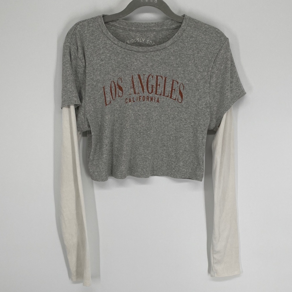 Los Angeles Grey Layered-Look Crop Top Size XL Y2K